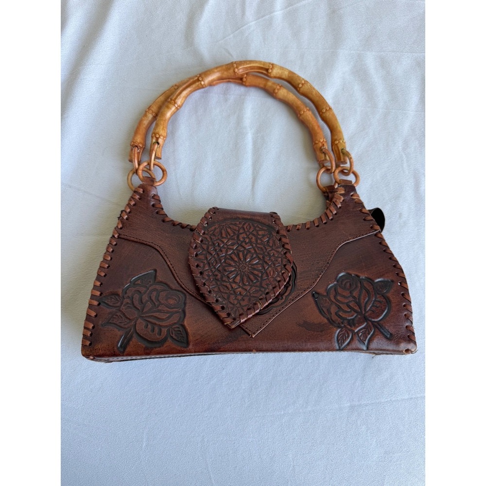 Rising Sun Brown Hand Tooled Leather Rose Bamboo Handle Boho Western Handbag